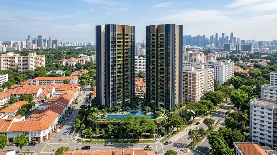Illustrative daytime aerial view of the Dorset Road site in District 8, surrounded by shophouses and HDB blocks