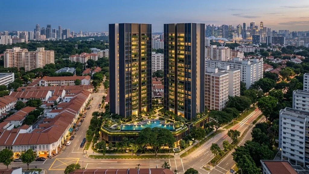 Illustrative dusk view of a residential development at Dorset Road, District 8, with the Singapore city skyline beyond