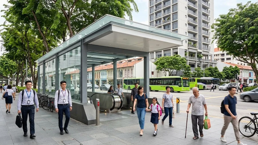 Commuters at a Singapore MRT station entrance, illustrating the four-minute walk from Dorset Road to Farrer Park station