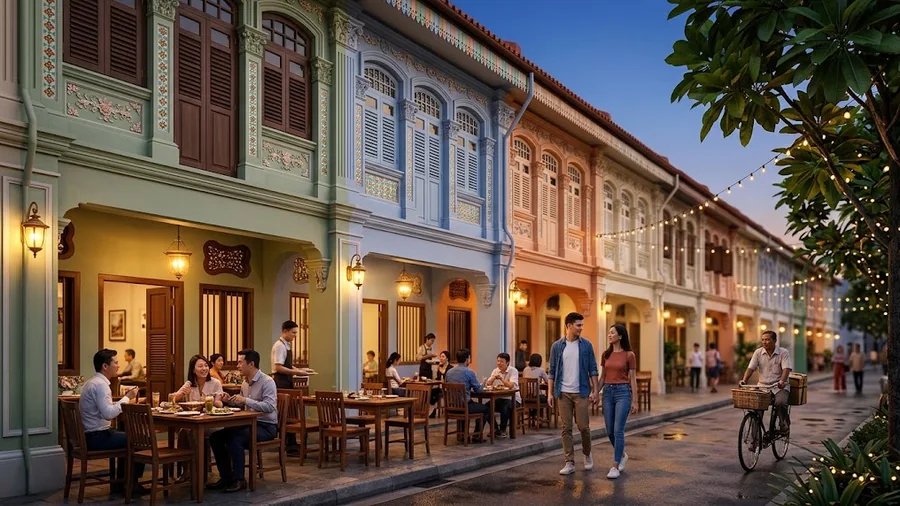 Heritage shophouses with evening dining along a District 8 street near Dorset Road