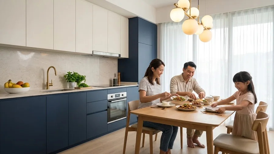 Illustrative interior of an open-plan kitchen and dining area in a contemporary Singapore condominium
