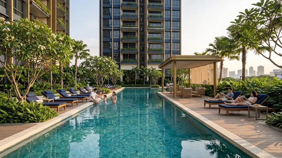 Illustrative view of a lap pool set within a landscaped garden deck