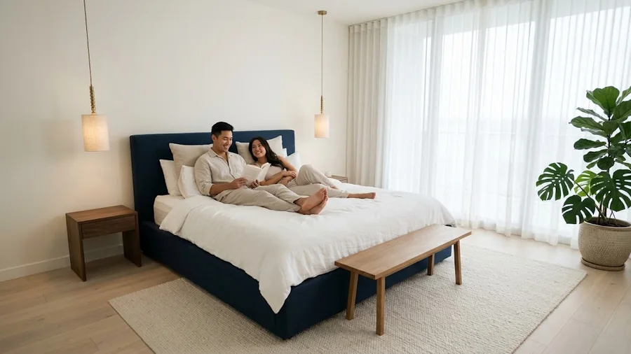 Illustrative interior of a master bedroom in a contemporary Singapore condominium