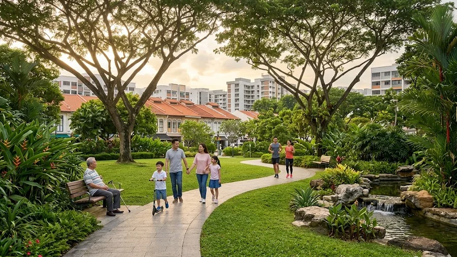 A landscaped neighbourhood park with walking paths near Farrer Park, District 8