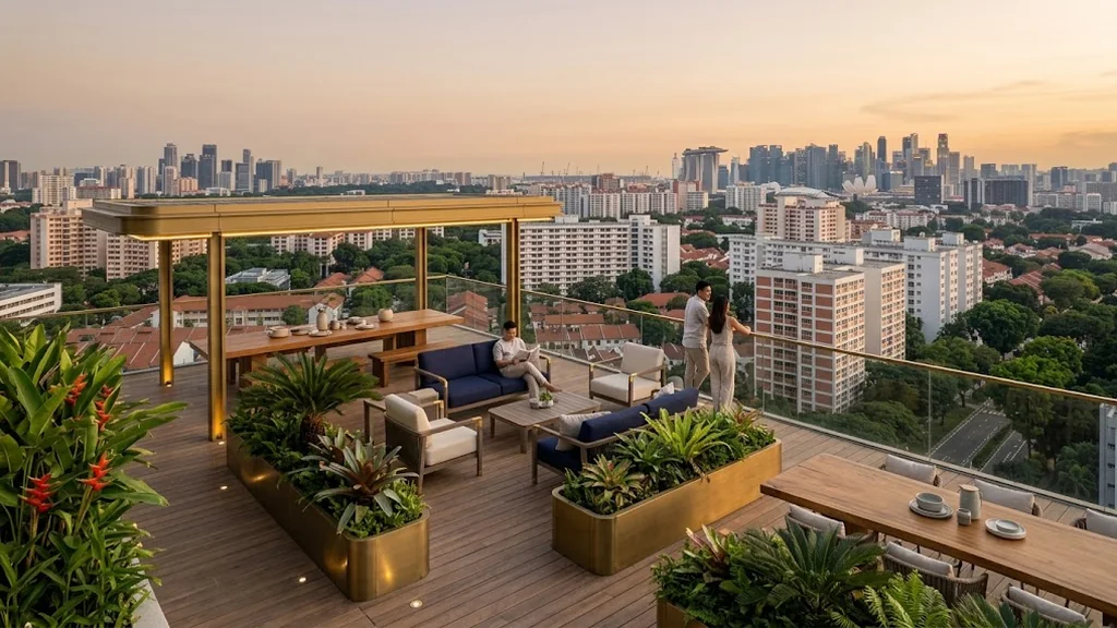 Illustrative view of a sky terrace with timber decking, planters and a view across the Farrer Park rooftops