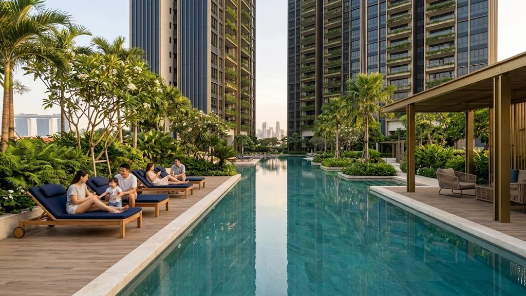 Illustrative view of a landscaped swimming pool deck at a contemporary Singapore condominium