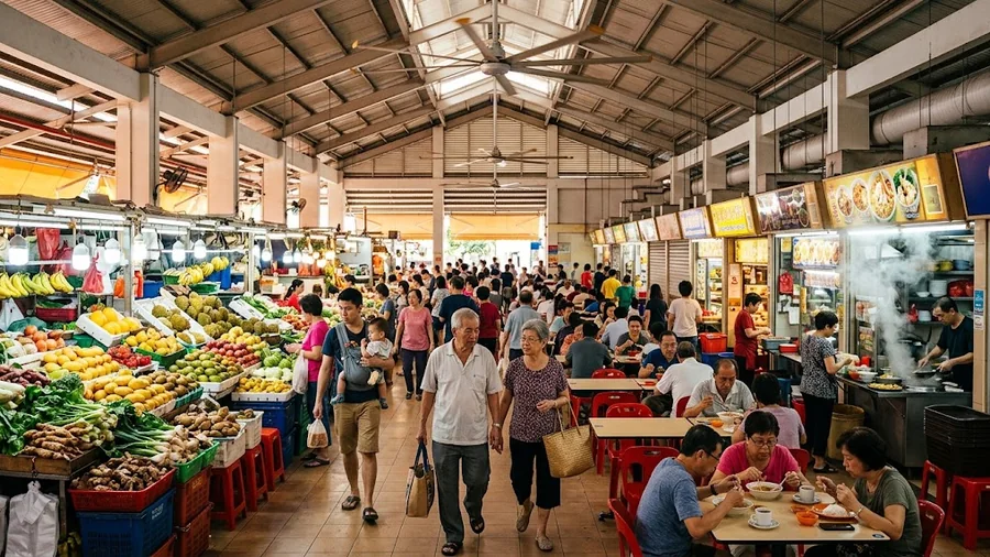 A Singapore wet market and hawker centre of the kind found at Pek Kio, near Dorset Road